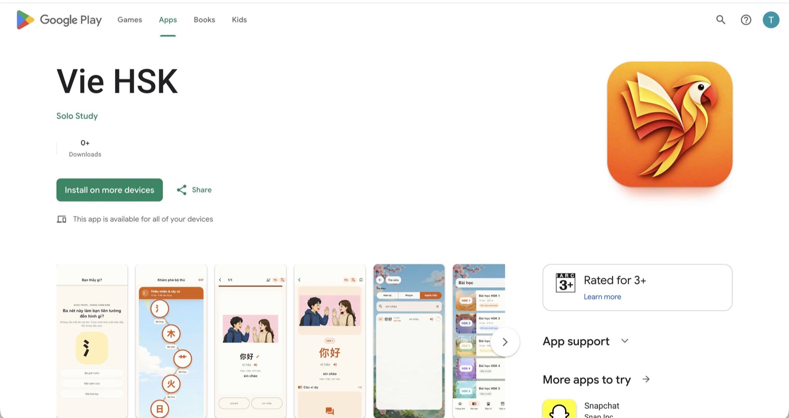 Trang Vie HSK trên Google Play với nút Install on more devices