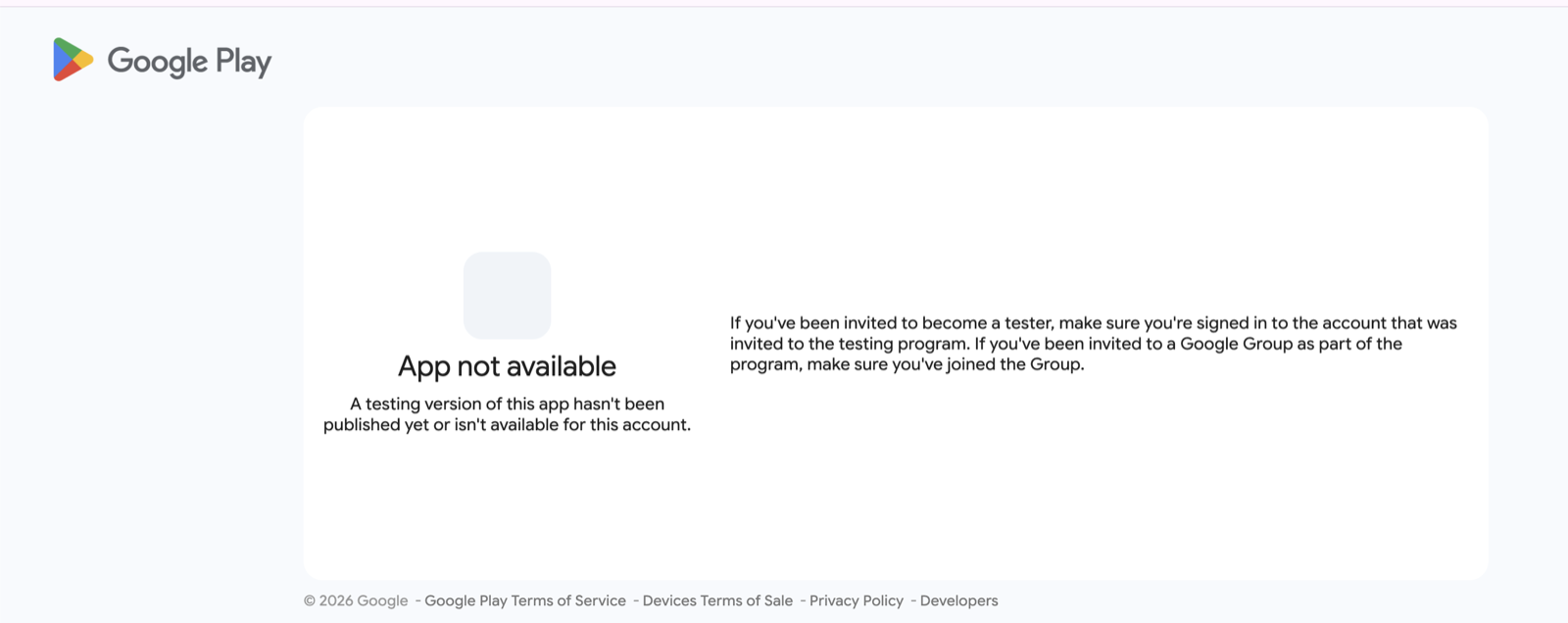 Thông báo App not available khi đăng nhập sai tài khoản Google